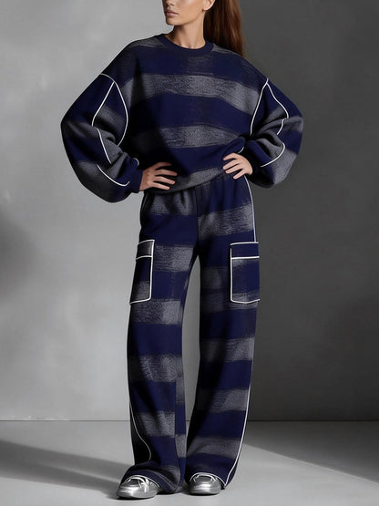 Long Sleeves Loose Contrast Color Line Split-Joint Striped Round-Neck Sweatershirt