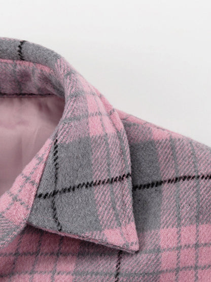 Long Sleeves Loose Plaid Pockets Lapel Woolen Coat