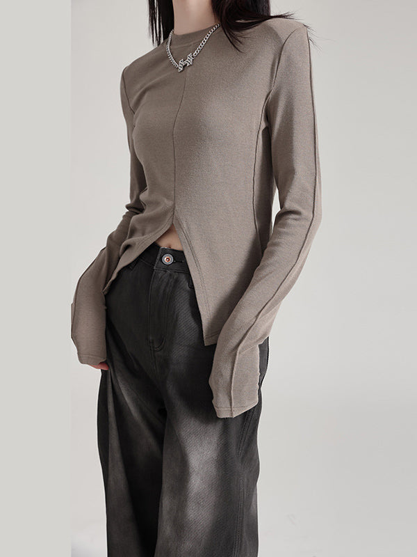 Long Sleeves Skinny Solid Color Split-Front Round-Neck T-Shirts Tops