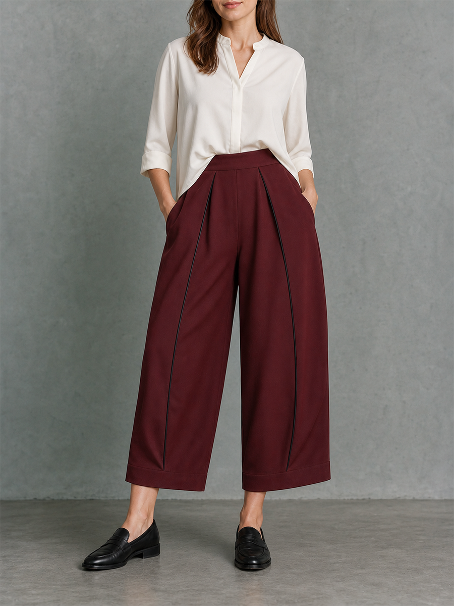 Solid Color Pockets Pleated Wide Leg Loose Cropped Trousers