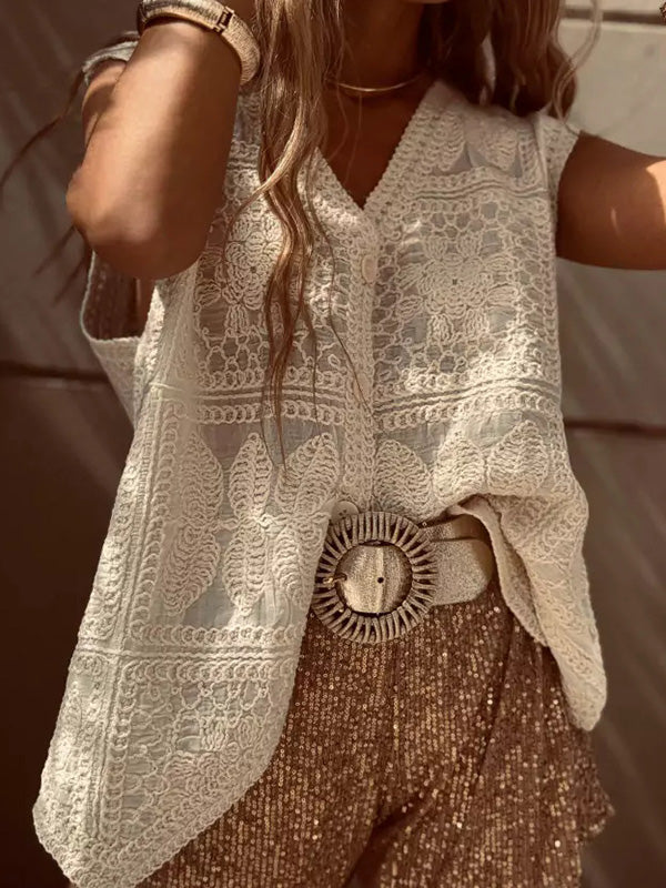 Loose Sleeveless Buttoned Crochet Embroidered V-Neck Vest Top