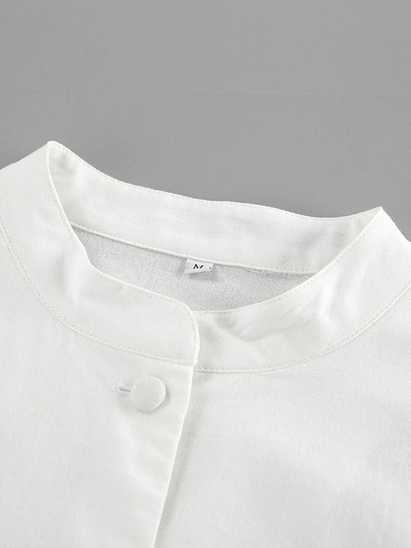 Solid Color Puff Sleeves Split-Joint Stand Collar Blouses + Pleated High Waisted Skirts Two Pieces Set