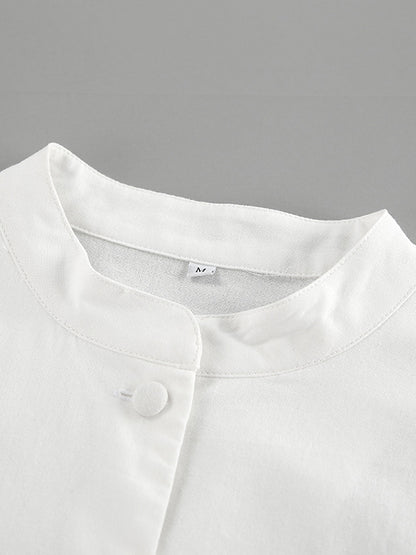 Solid Color Puff Sleeves Split-Joint Stand Collar Blouses + Pleated High Waisted Skirts Two Pieces Set