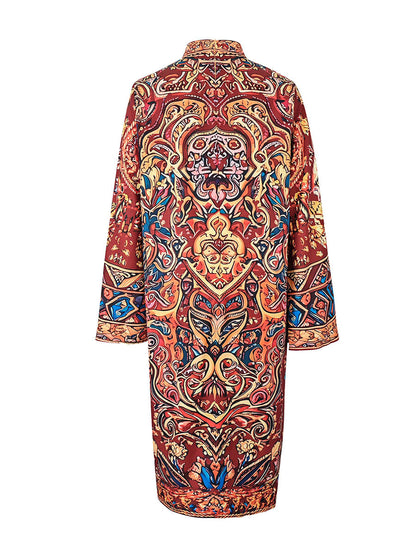Long Sleeves Loose Contrast Color Printed Mock Neck Midi Dresses