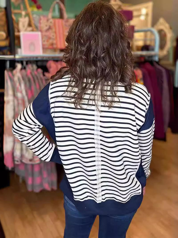Long Sleeves Loose Split-Joint Striped Round-Neck T-Shirts