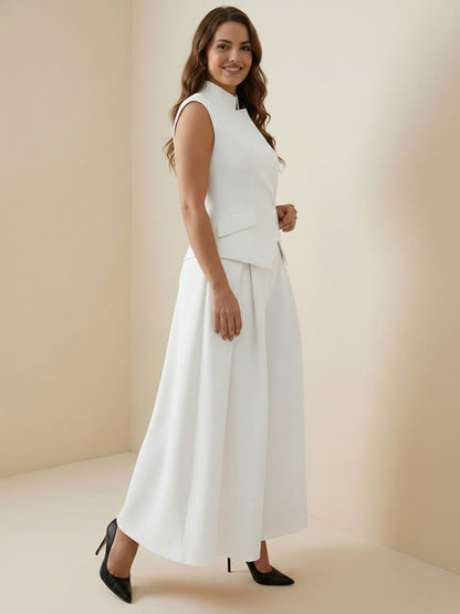 Elasticated Waist High Waisted Asymmetric Buttoned Solid Color Split-Joint Stand Collar Tank Top