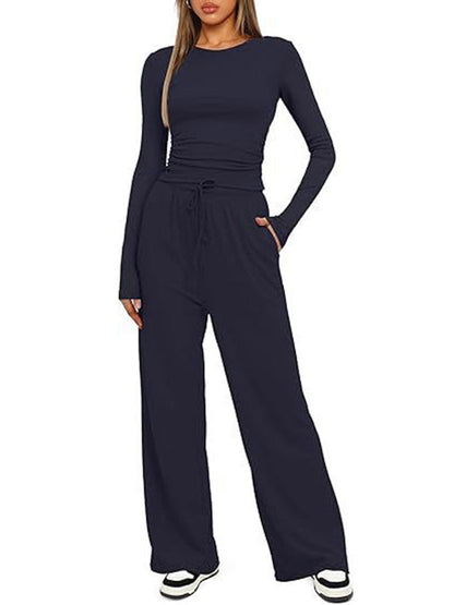 Solid Color Pleated Round-Neck T-Shirts Tops +  Elasticated Waist High Waisted Drawstring Pants Two Pieces Set