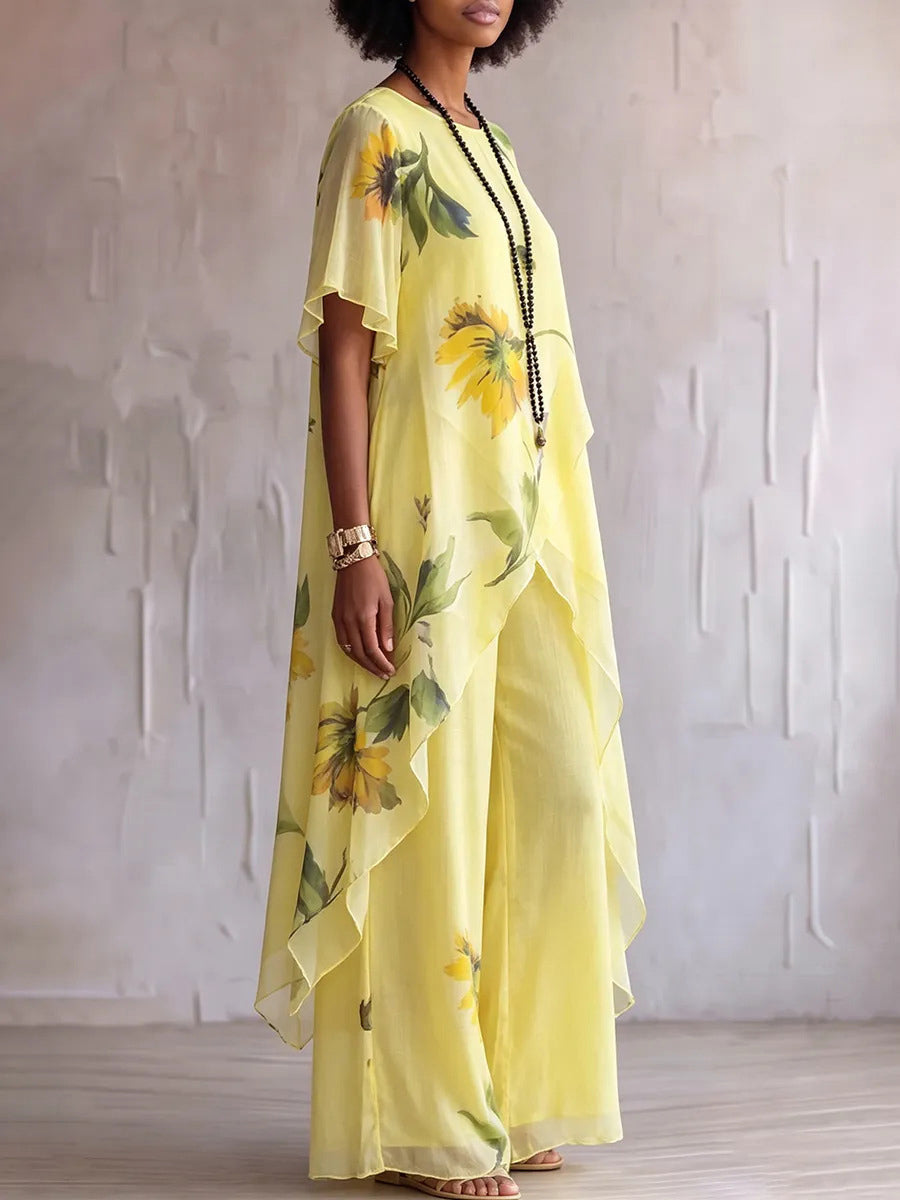 Contrast Color Flower Print See-Through Round-neck High-low Blouses&shirts Tops + High Waisted Pockets Pants Trousers Two Pieces Set