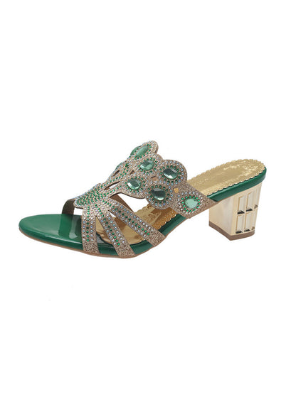 Square Heel Open Toe Rhinestone Pumps