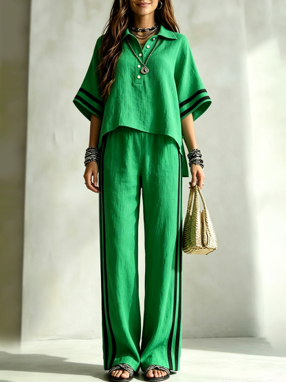 Striped Split-side Contrast Color Buttoned Loose High-low Lapel Blouses&shirts Tops