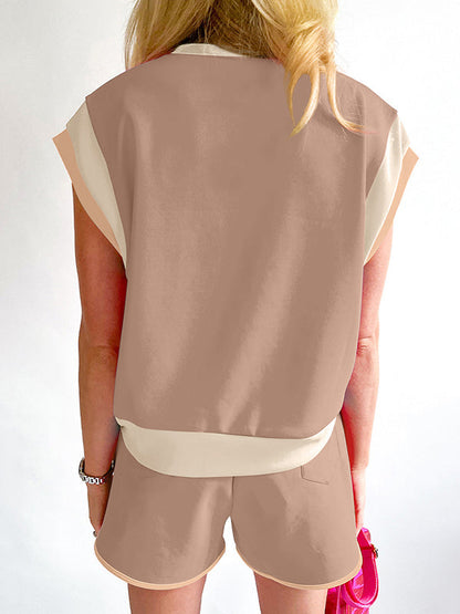 Loose Short Sleeves Contrast Color Split-Joint Round-Neck T-Shirt Top + Elasticity Pockets Shorts Bottom Two Pieces Set