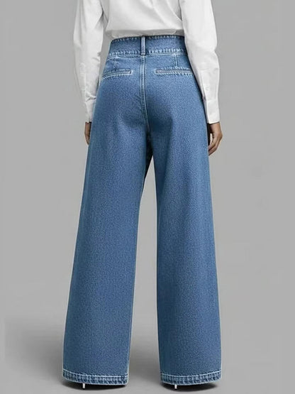 High Waisted Loose Asymmetric Buttoned Interlace Pockets Solid Color Split-Joint Jean Pants Bottoms Trousers