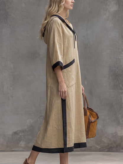 Pockets Drawstring Contrast Color Three-quarter Sleeves Loose Hooded Midi Dresses