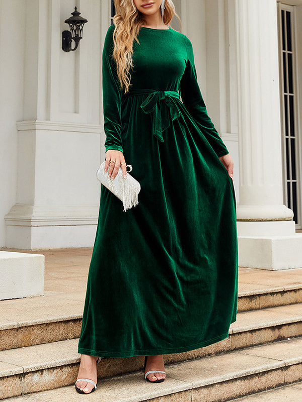 Long Sleeves Wrap Belted Pleated Solid Color Zipper Round-Neck Maxi Dresses