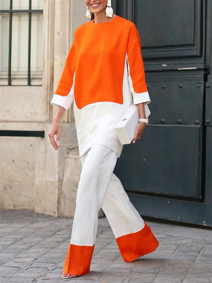 Loose Three-Quarter Sleeves Contrast Color Round-Neck T-Shirt Tops&Pants Two Pieces Set