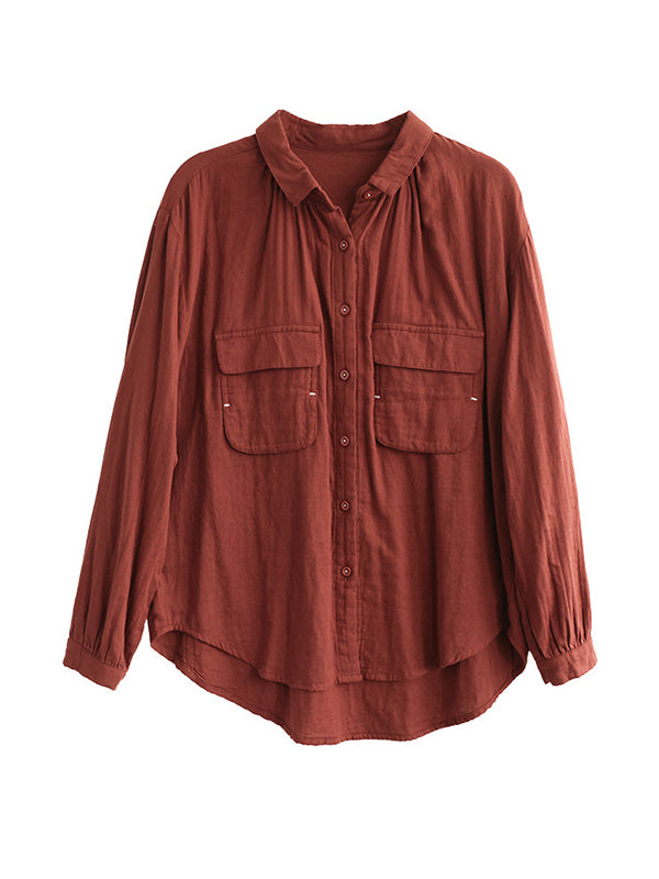 High-Low Long Sleeves Buttoned Pockets Lapel Blouses&Shirts Tops