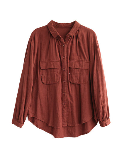 High-Low Long Sleeves Buttoned Pockets Lapel Blouses&Shirts Tops