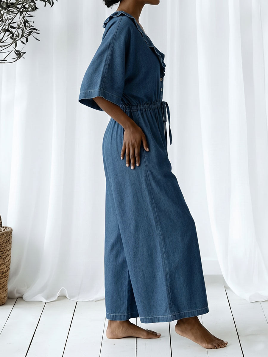Solid Color Ruffle Trim Pockets Elasticity Drawstring Buttoned Wide Leg Loose V-neck Jumpsuits