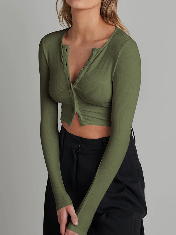Long Sleeves Skinny Buttoned Solid Color Round-Neck Cardigan Tops