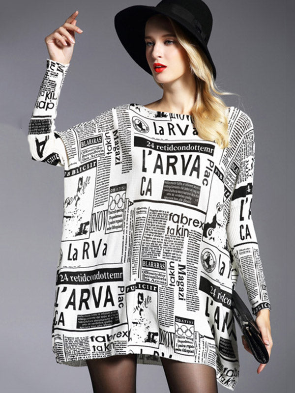 Vintage Loose One-Shoulder Newspaper Printed Split-Joint Sweater