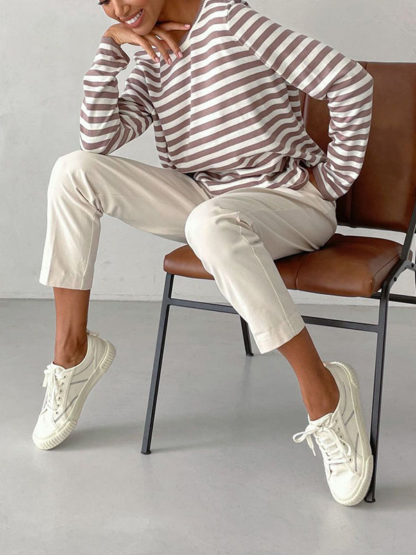 Long Sleeves Loose Split-Joint Striped Round-Neck Sweater Tops