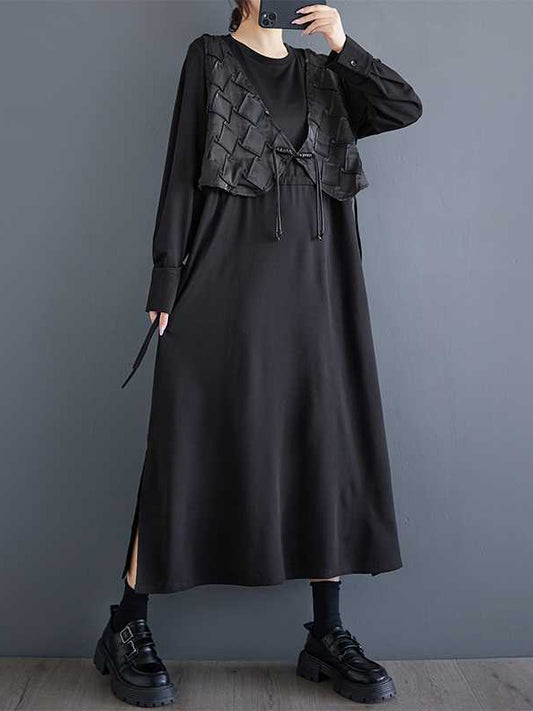 A-Line False Two Drawstring Solid Color Split-Joint Split-Side Round-Neck Midi Dresses