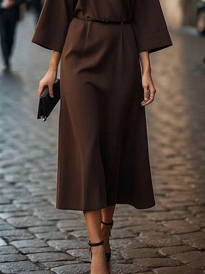Loose Three-Quarter Sleeves Pleated Solid Color Split-Joint Round-Neck Midi Dresses