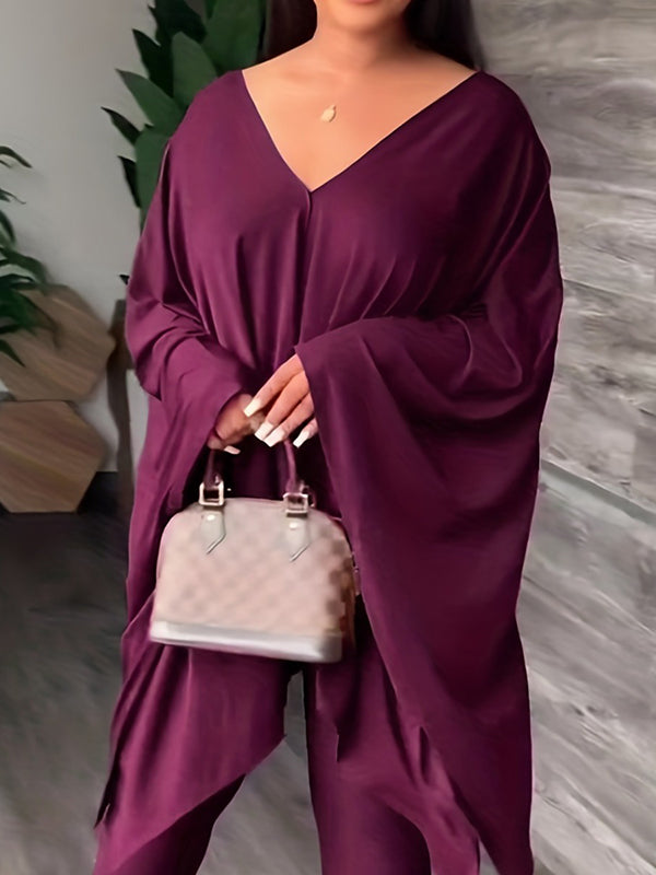Batwing Sleeves Loose Solid Color V-Back V-Neck Shirts Tops&Pants Two Pieces Set