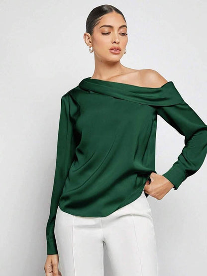 Long Sleeves Skinny Pleated Solid Color Split-Joint One-Shoulder Blouses&Shirts Tops