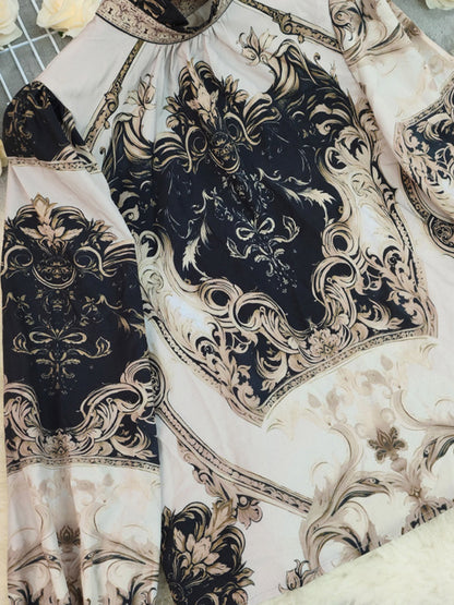 Long Sleeves Loose Contrast Color Pleated Printed Split-Joint Stand Collar Blouses&Shirts Tops