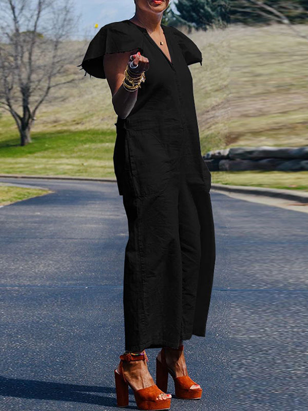 Loose Ruffle Sleeves Fringed Pleated Pockets Solid Color V-Neck Jumpsuits