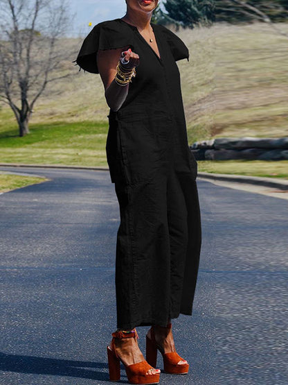 Loose Ruffle Sleeves Fringed Pleated Pockets Solid Color V-Neck Jumpsuits