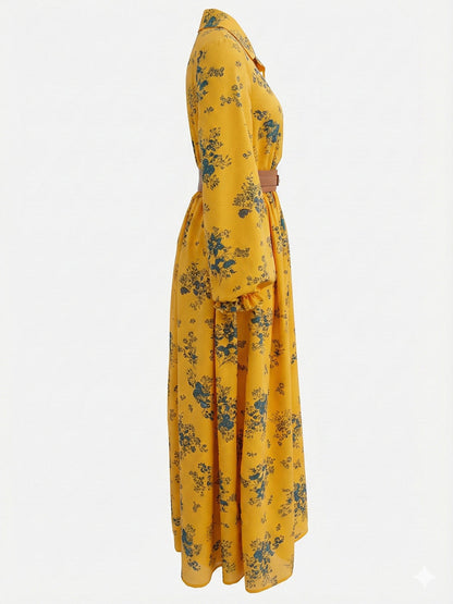 A-Line Elasticated Waist Belted Buttoned Contrast Color Flower Print Pleated Split-Joint Lapel Maxi Dresses Shirt Dress