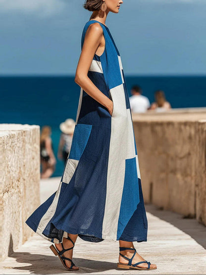 A-Line Loose Contrast Color Pockets Split-Joint Round-Neck Maxi Dresses