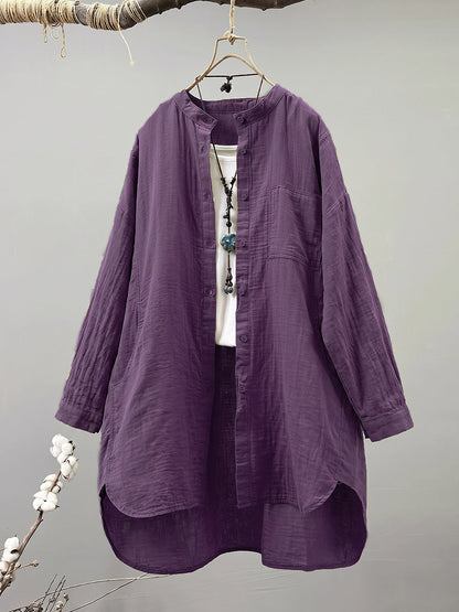 Plus Size Women Artsy Stand Collar 100%Cotton Long Sleeve Shirt