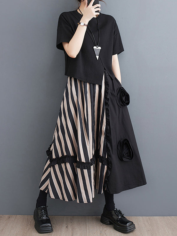 Elastics High Waisted Loose Flower-Embellished Split-Joint Skirts Bottoms