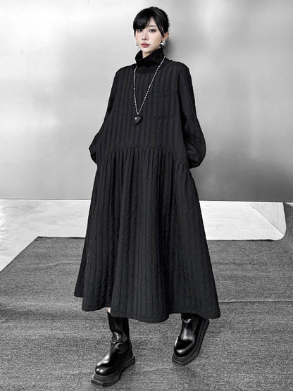 A-Line Long Sleeves Embossed Pockets Quilted Solid Color Split-Joint High Neck Midi Dresses Sweater Dresses