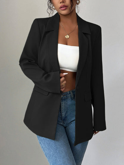 Long Sleeves Loose Buttoned Pockets Solid Color Notched Collar Blazer Outerwear