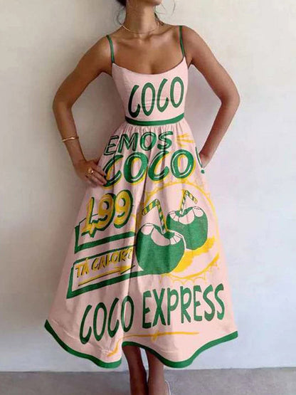 Elasticated Waist High Waisted Contrast Color Pleated Printed Split-Joint Spaghetti-Neck Midi Dresses