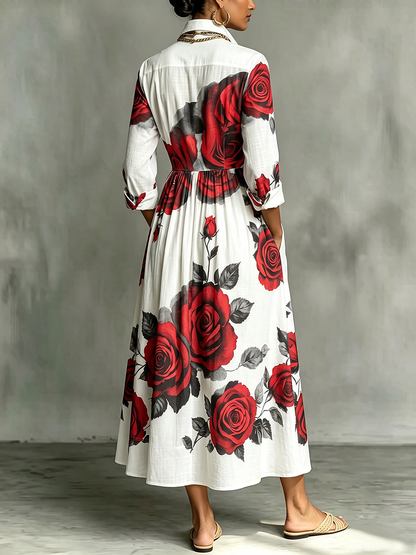 Split-Joint Pockets Pleated Flower Print Contrast Color Buttoned Three-quarter Sleeves Loose Lapel Shirt Dress Maxi Dresses