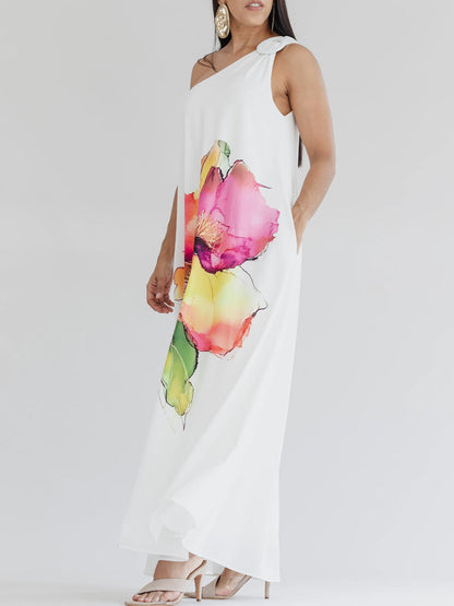 A-Line Loose Buckle Contrast Color Flower Print Pockets One-Shoulder Maxi Dresses