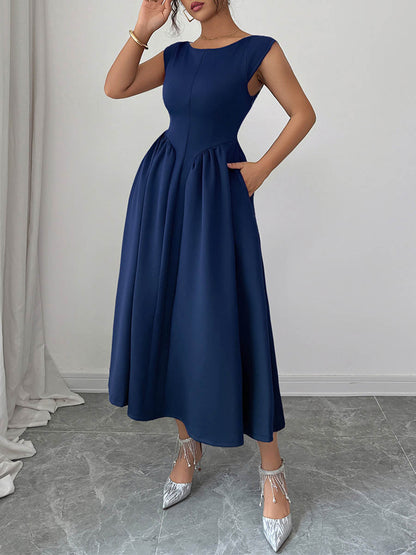 A-Line High Waisted Backless Pleated Pockets Solid Color Boat Neck Midi Dresses