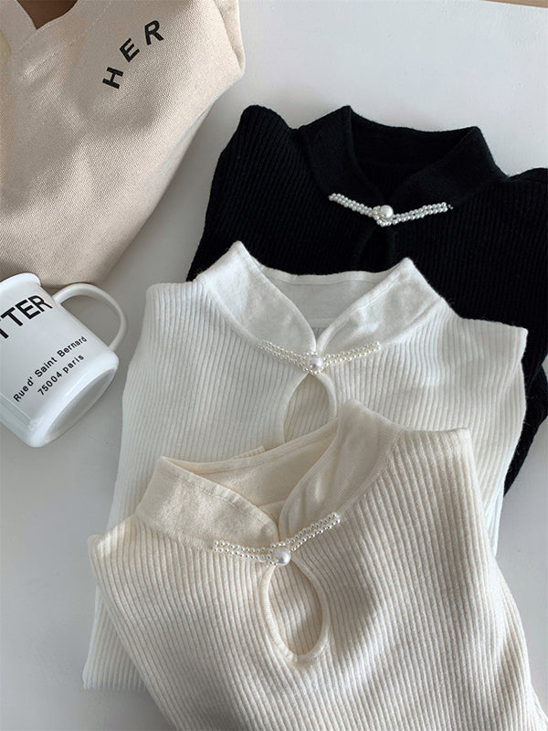 Long Sleeves Skinny Hollow Solid Color Mock Neck Pullovers Sweater Tops
