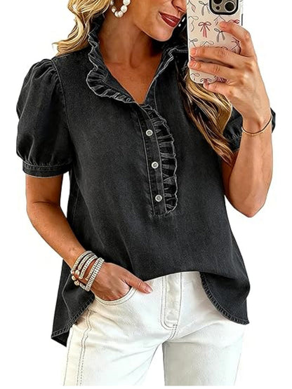 Split-Joint Solid Color Ruffled Pleated Buttoned Short Sleeves Stand Collar Blouses&shirts Tops