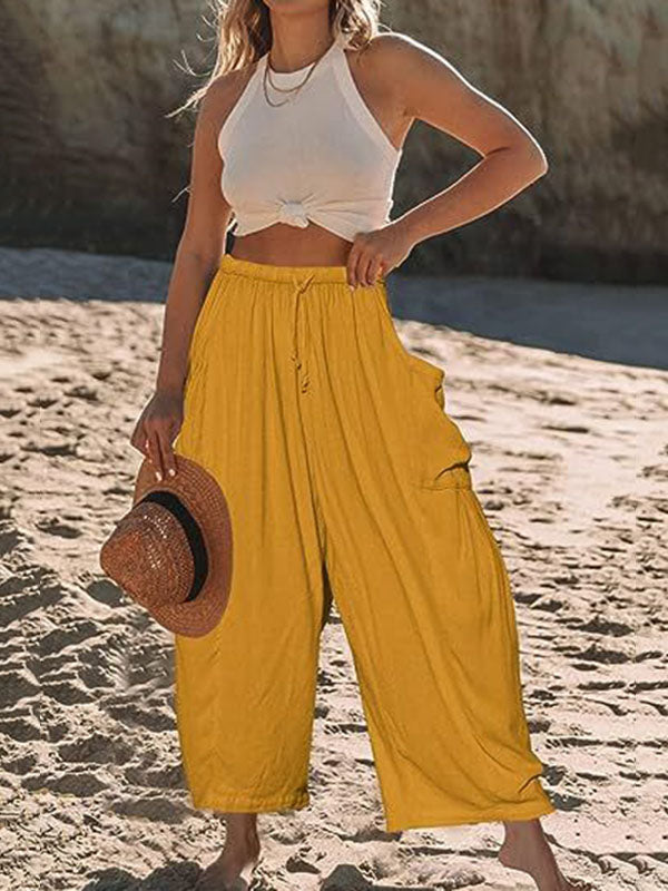 High Waisted Loose Drawstring Elasticity Pleated Pockets Solid Color Ninth Pants Trousers