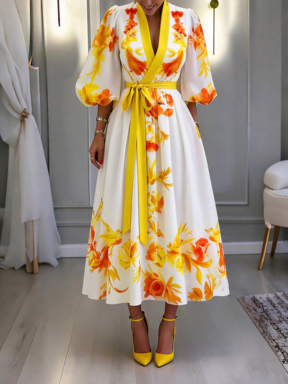 Loose Puff Sleeves Contrast Color Elasticity Flower Print Tied Waist Deep V-Neck Midi Dresses