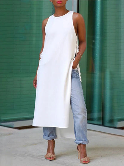 High-Low Loose Lace-Up Solid Color Split-Joint Split-Side Round-Neck Vest Top