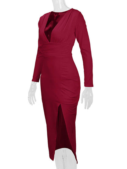 Bodycon Elasticated Waist Pleated Solid Color Split-Joint Split-Side Deep V-Neck Midi Dresses