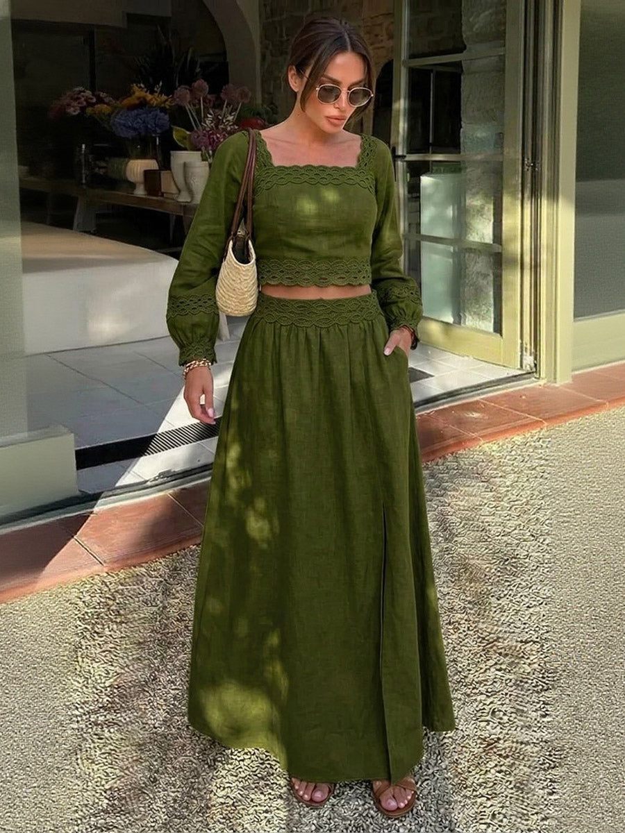 Split-side Solid Color Backless Long Sleeves High Waisted Square-neck Two Pieces Set Skirts Bottoms + Blouses&shirts Tops