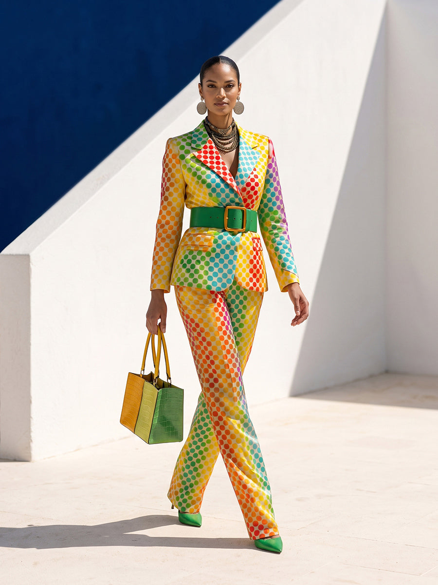 Polka-Dot No Belt Contrast Color Colorful Long Sleeves Notched Collar Outerwear Blazer